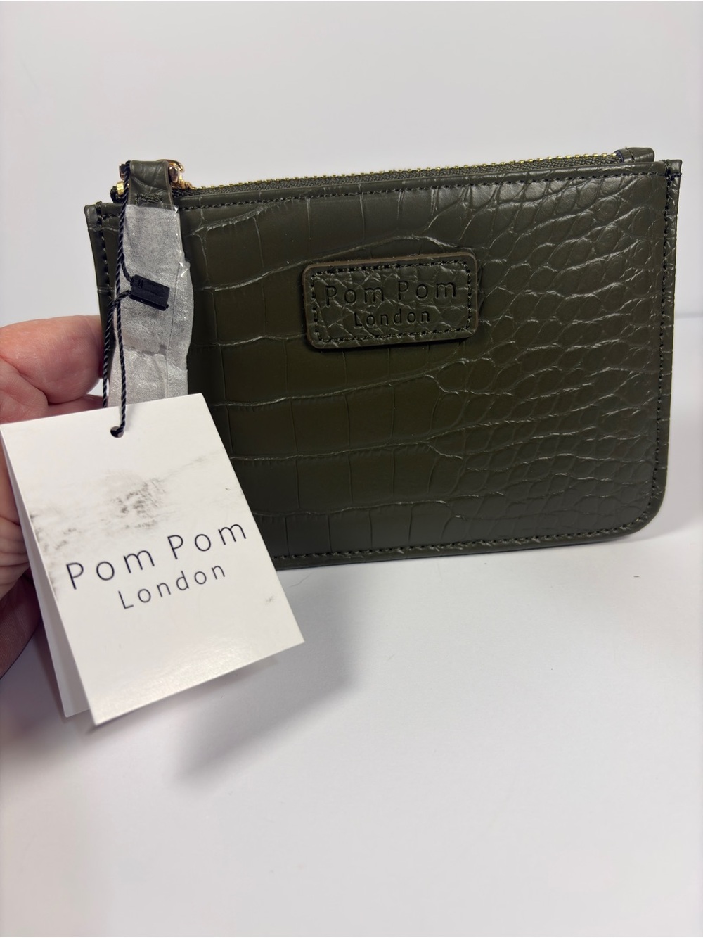 Pom Pom London Chelsea Coin Purse Olive Green Croc Leather NWT Minimalist Travel - Picture 12 of 12